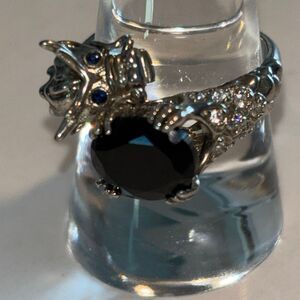 Vtg 925 sterling silver Dragon wrap ring Onyx/crystal SD Sz 9